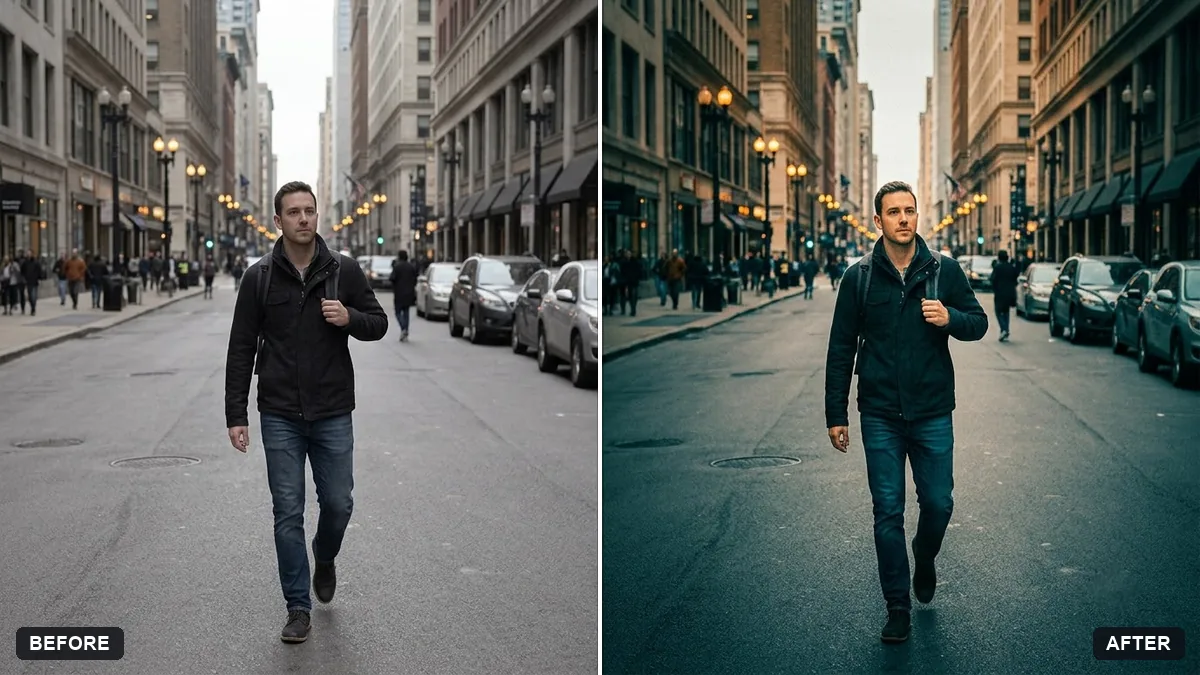 Before and after example: Cinematic colour grade with vignette