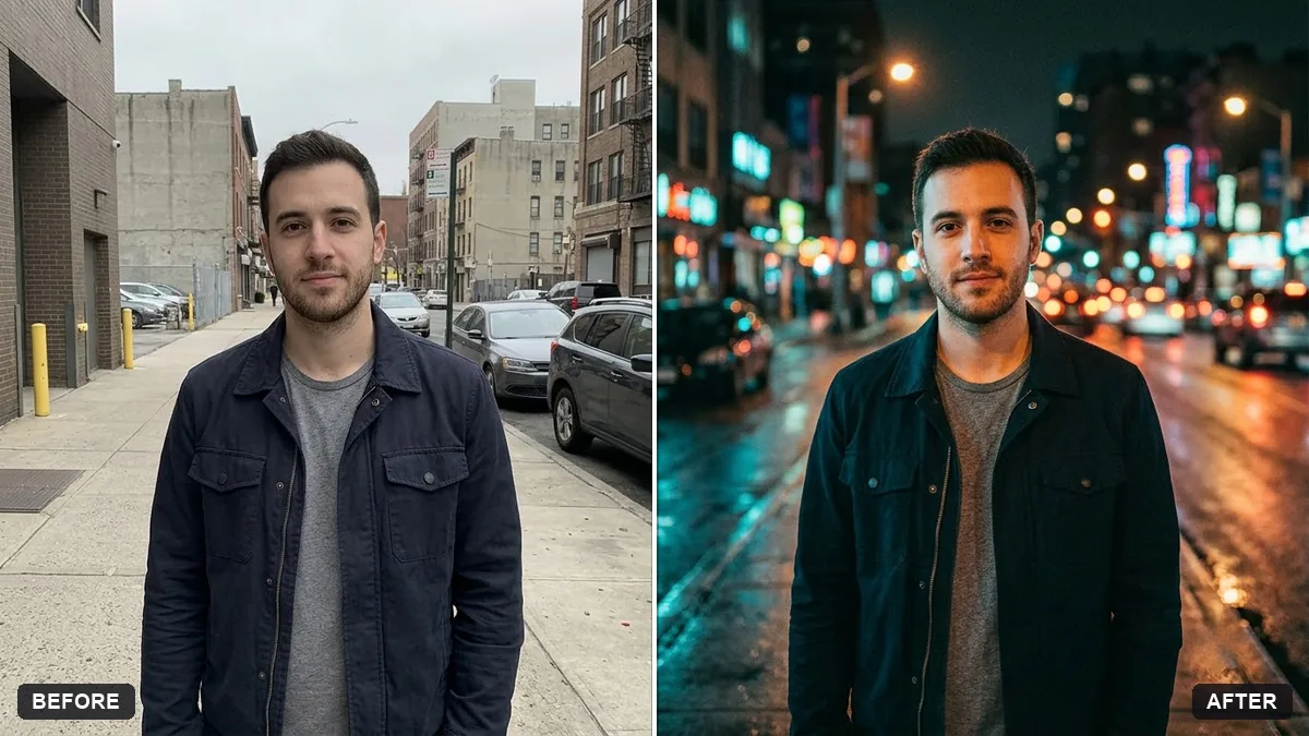 Before and after example: City night bokeh portrait