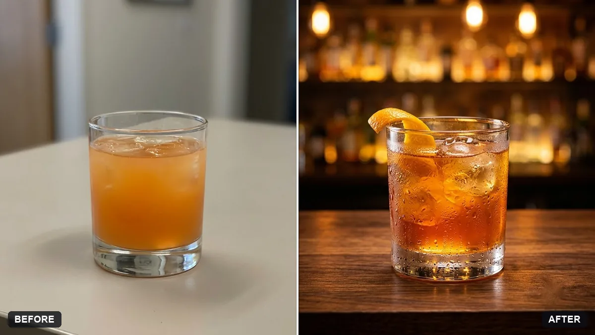 Before and after example: Cocktail photo with bar mood
