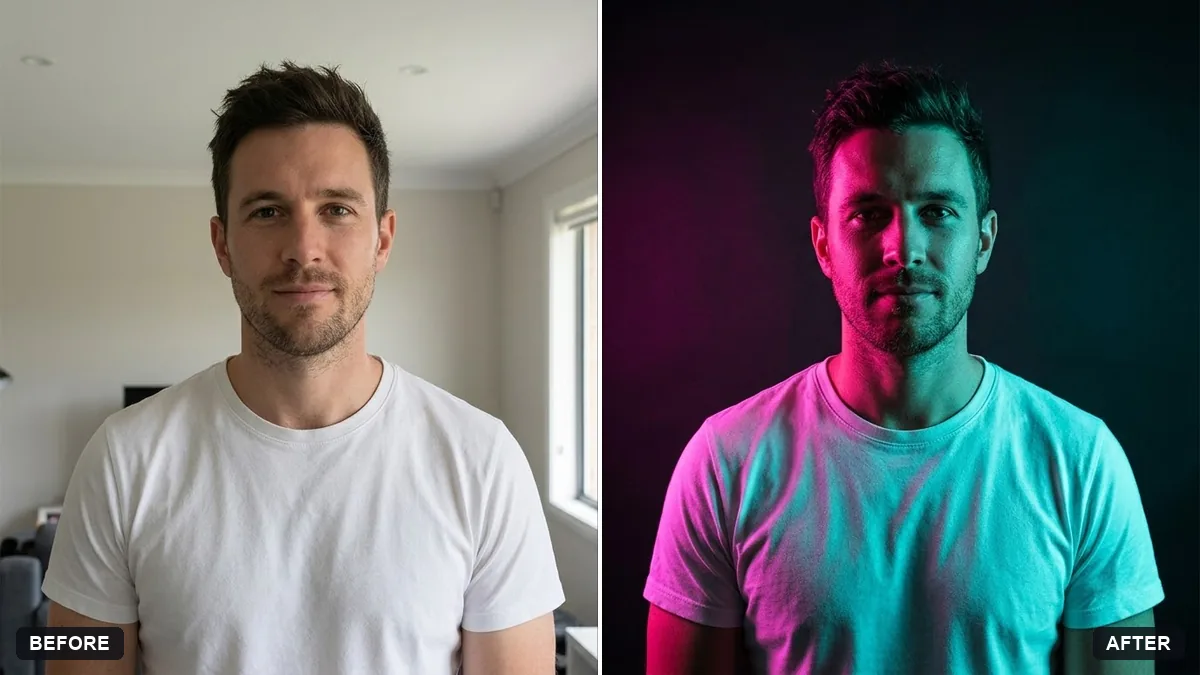 Before and after example: Colour gel studio portrait