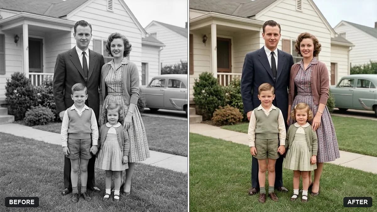 Before and after example: Colourize a 1950s family photo