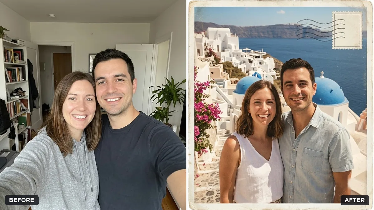 Before and after example: Couple travel postcard