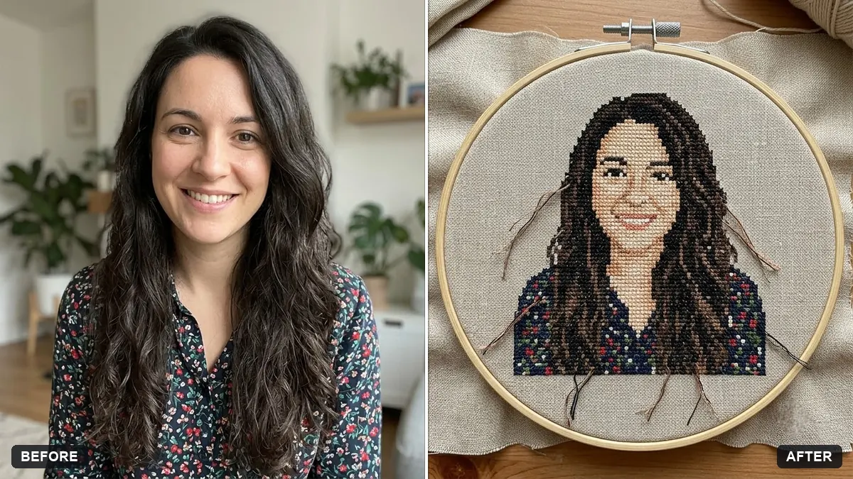 Before and after example: Cross-stitch embroidery portrait