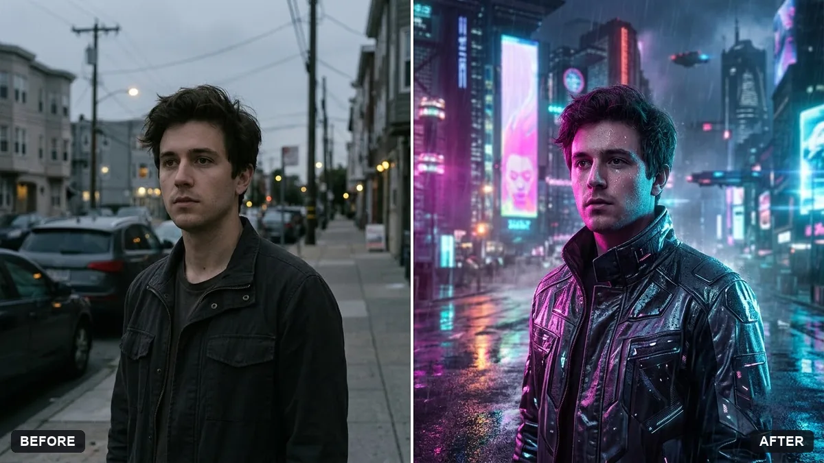 Before and after example: Cyberpunk neon portrait