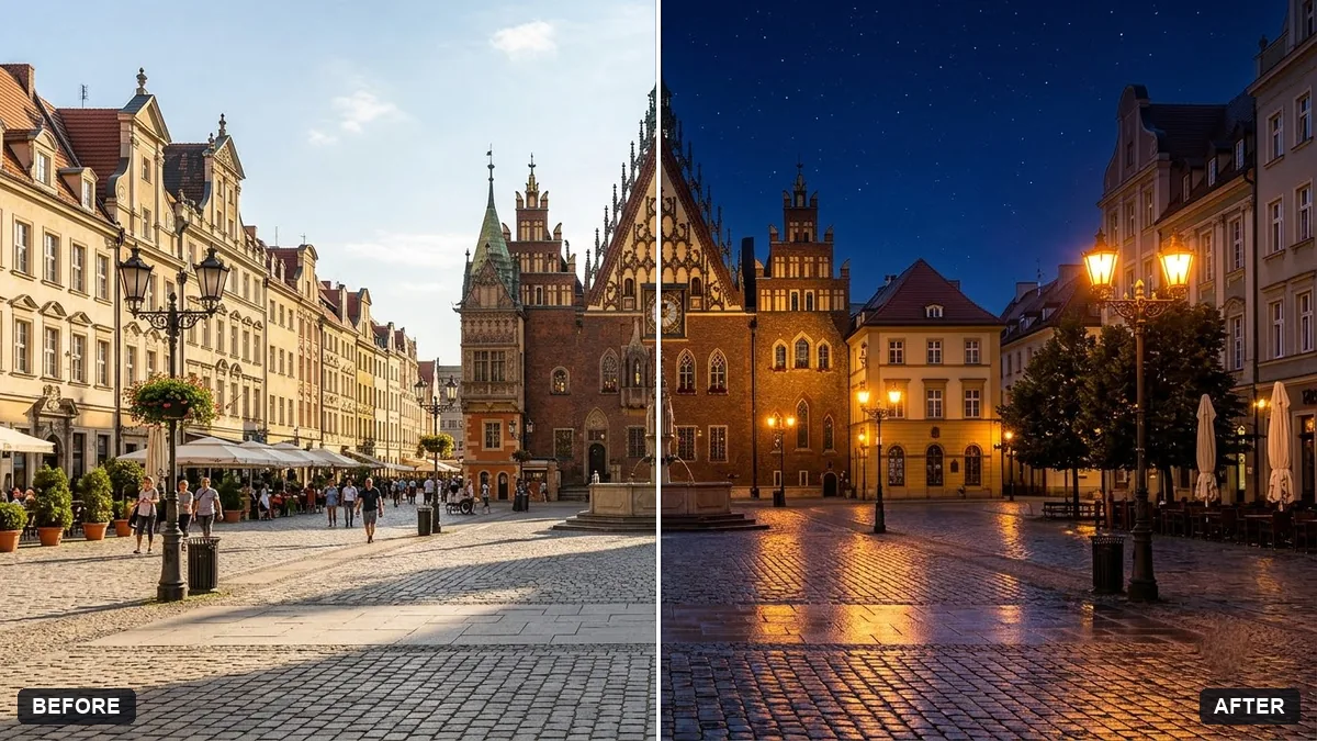 Before and after example: Turn a day scene into a night scene