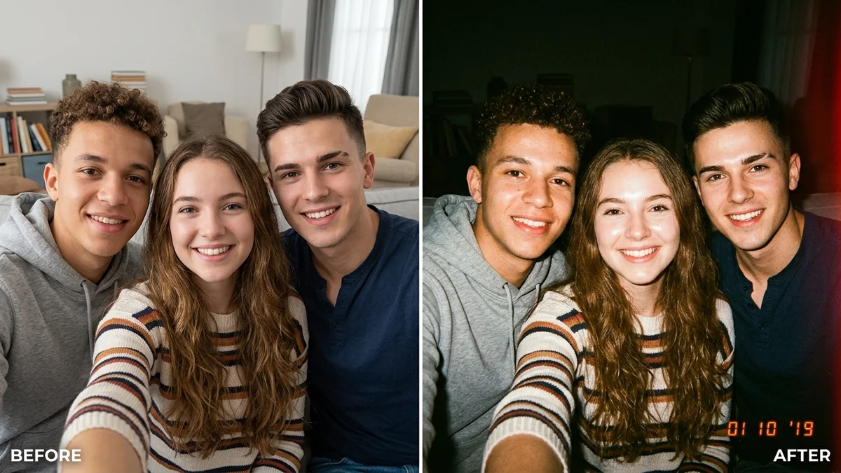 Before and after example: Disposable camera flash party photo