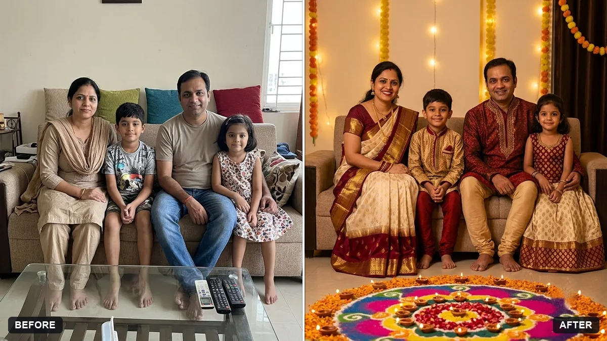 Before and after example: Diwali family portrait
