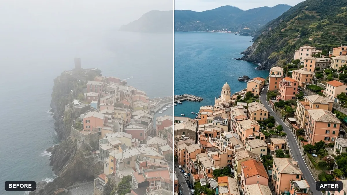 Before and after example: Enhance a hazy drone photo