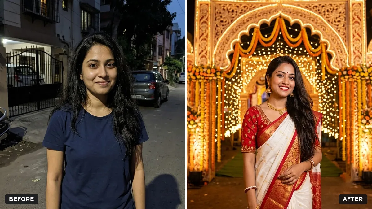 Before and after example: Durga Puja pandal portrait