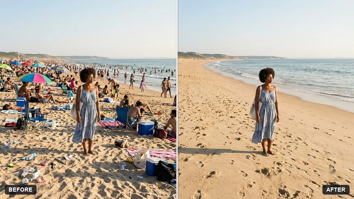 Before and after example: Clear crowds from a beach photo