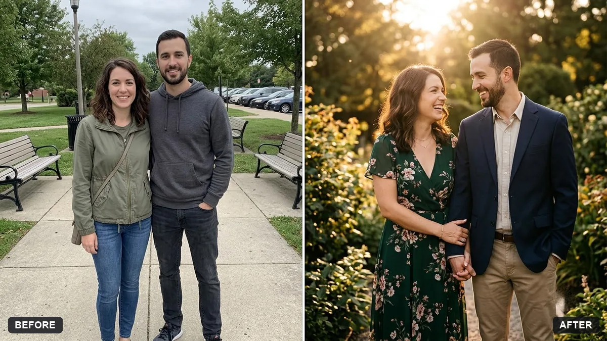 Before and after example: Engagement portrait for a couple