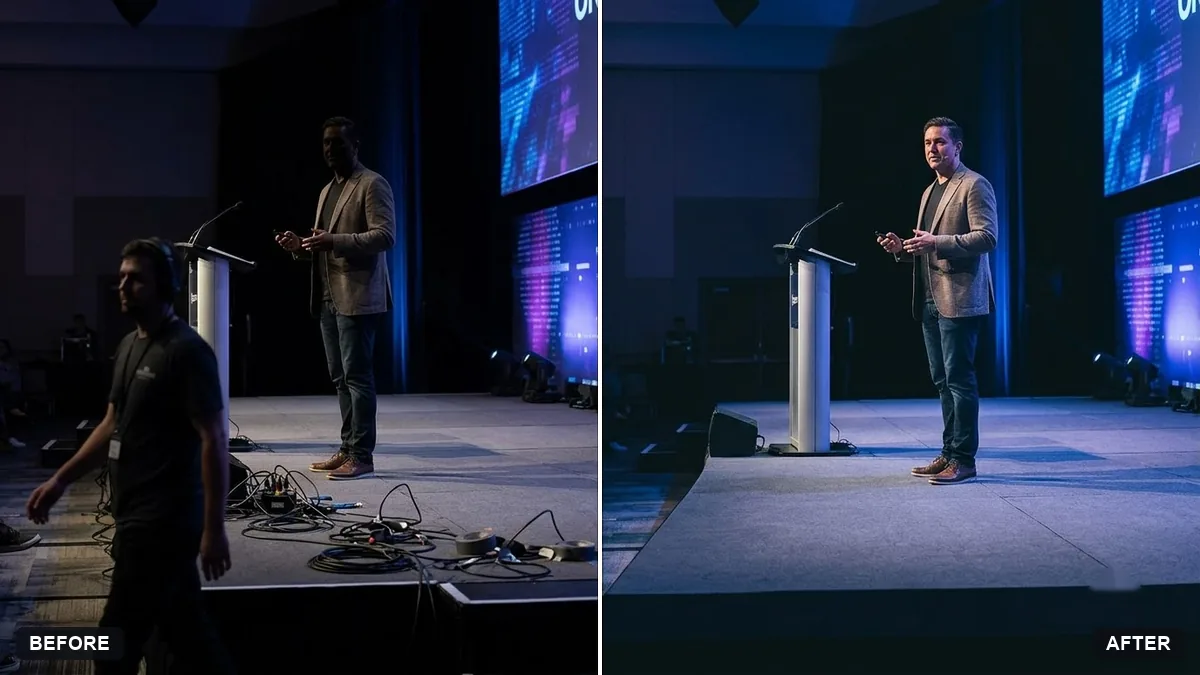 Before and after example: Clean up an event stage photo