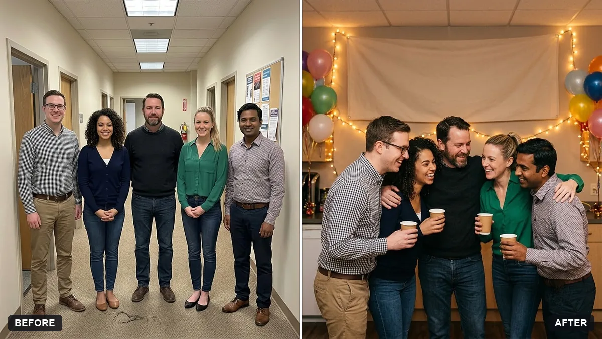 Before and after example: Farewell group photo with a backdrop