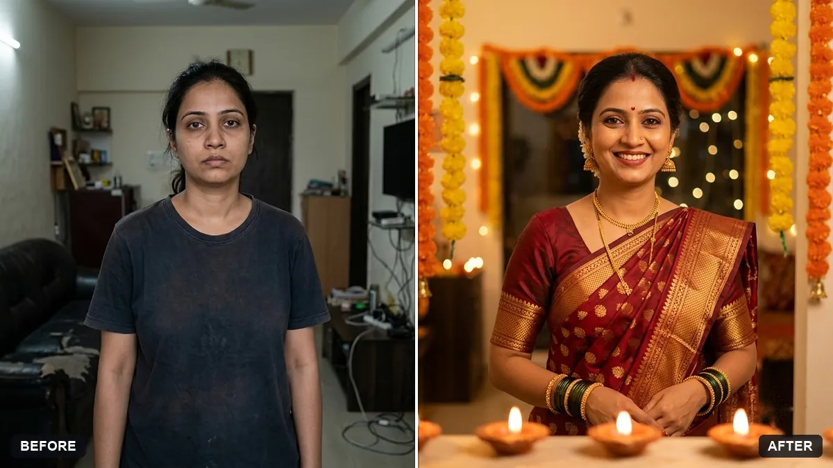 Before and after example: Festive portrait with diyas