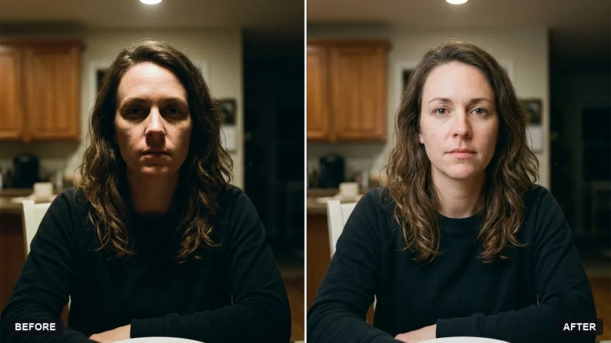 Before and after example: Soften harsh shadows on a face