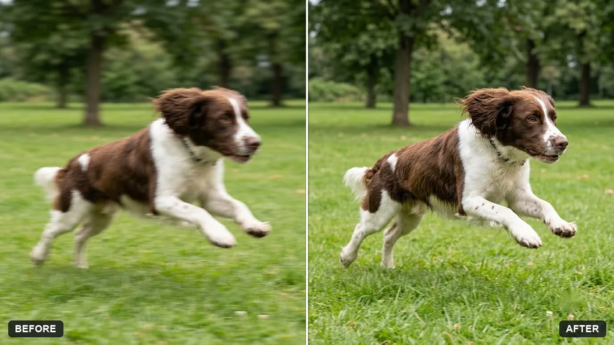 Before and after example: Sharpen a blurry pet action shot