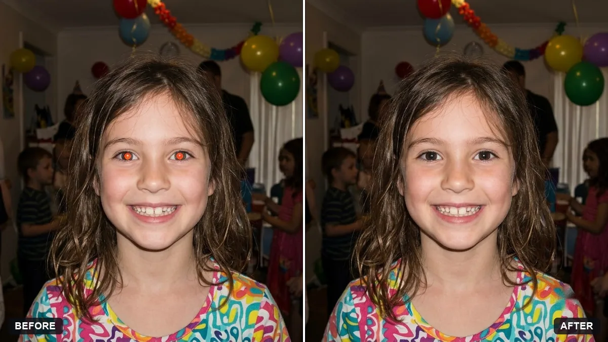Before and after example: Fix red-eye in flash photos