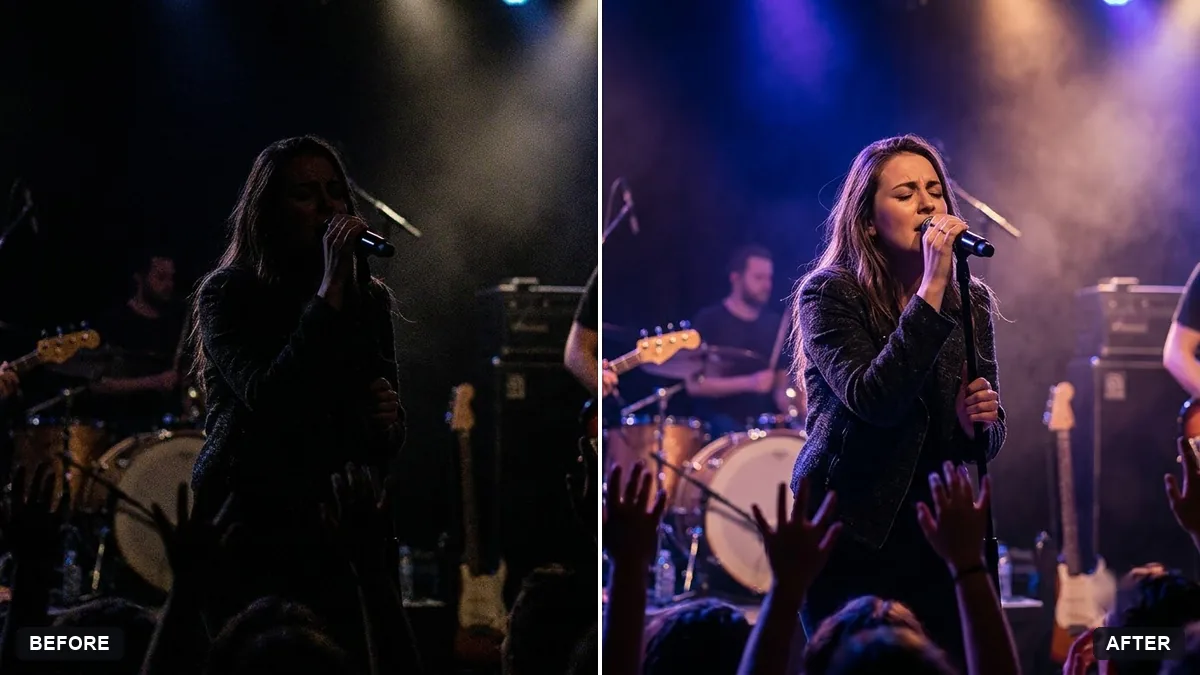 Before and after example: Rescue an underexposed concert photo