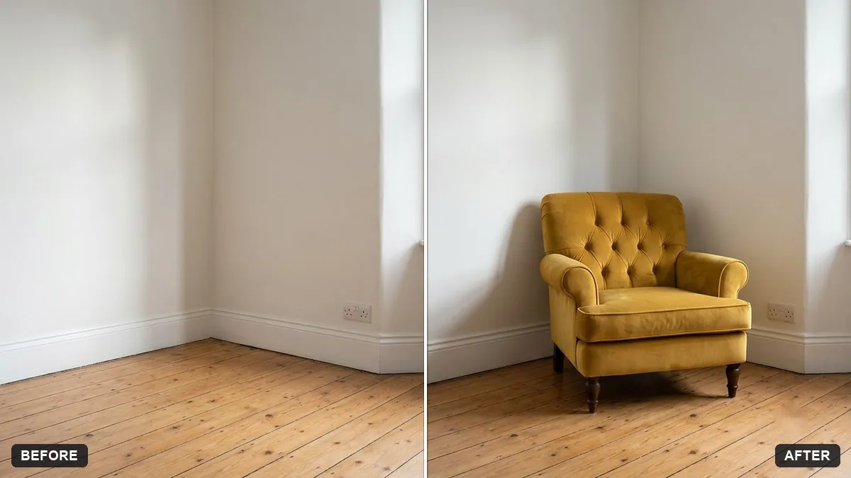 Before and after example: Stage furniture in a room photo