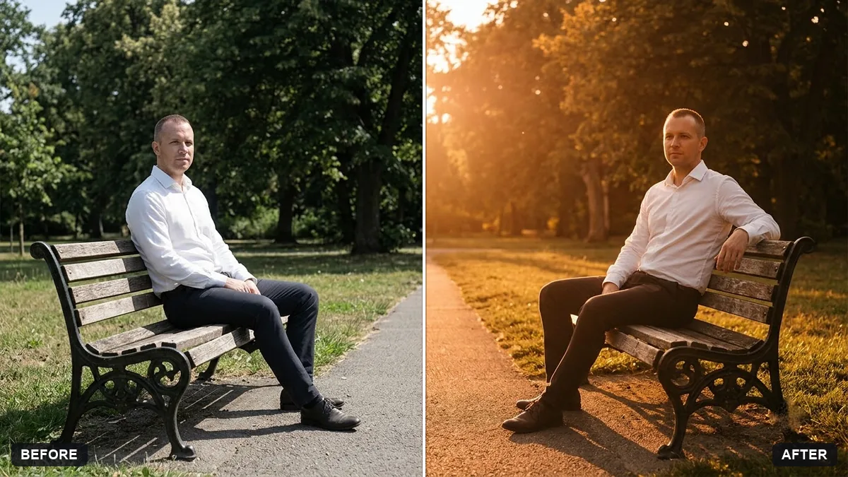 Before and after example: Relight a flat photo with golden-hour light
