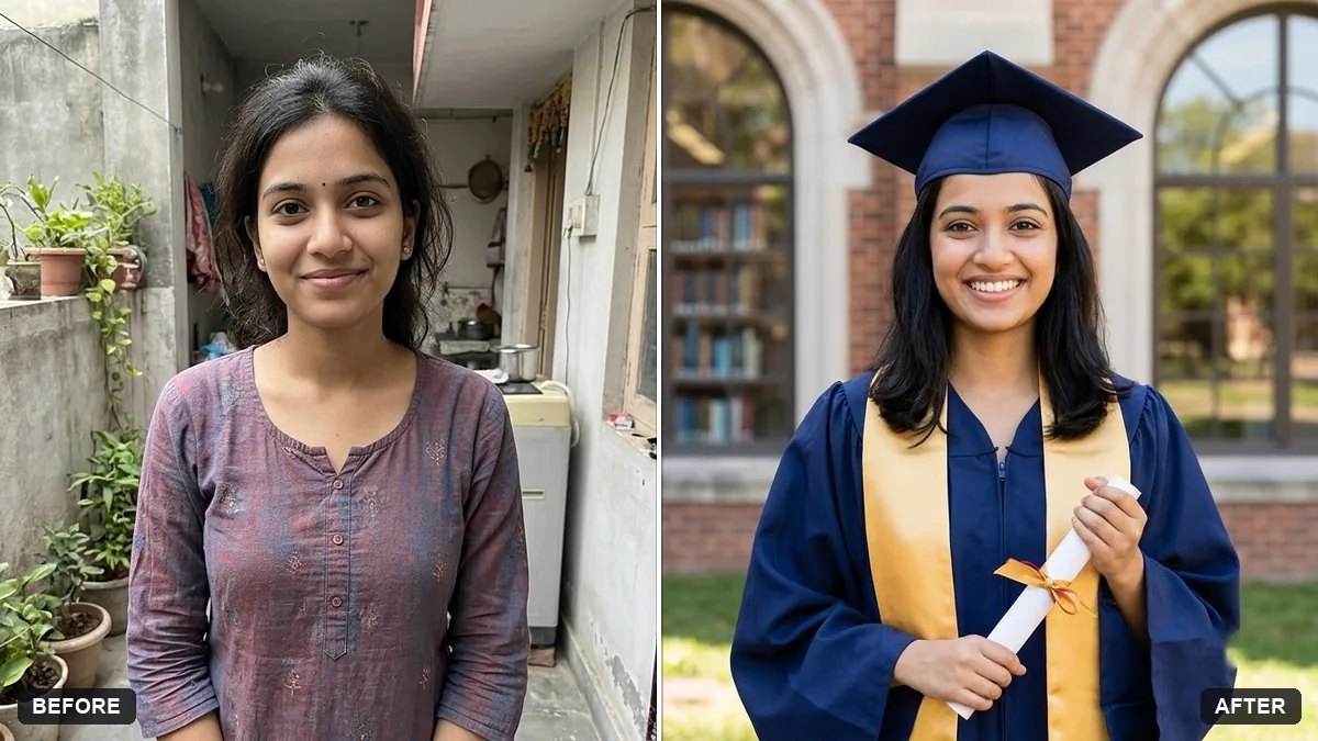 Before and after example: Graduation portrait in gown and cap