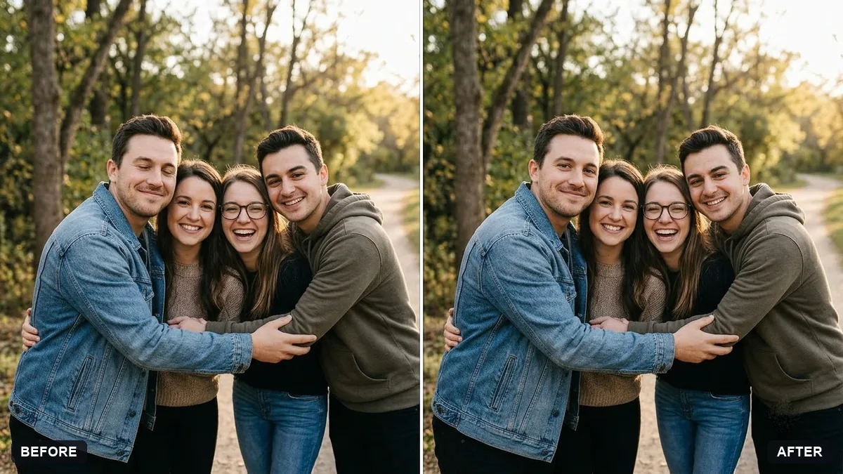 Before and after example: Fix closed eyes in a group photo