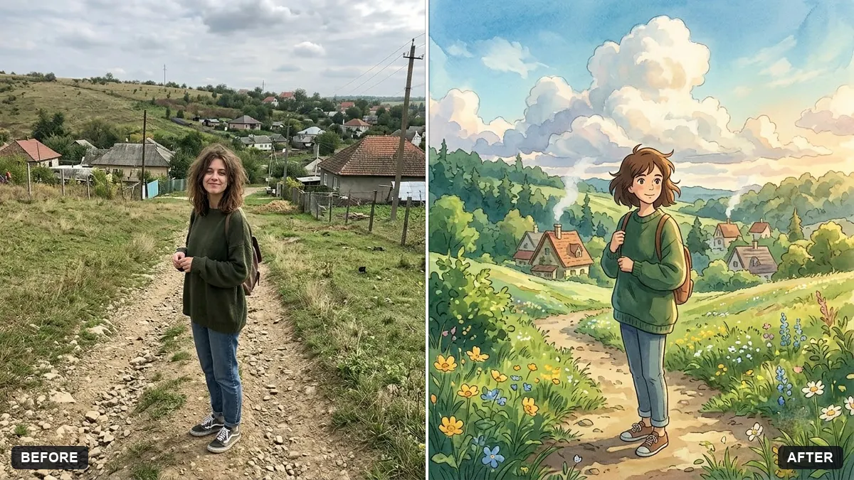 Before and after example: Hand-painted animated film style