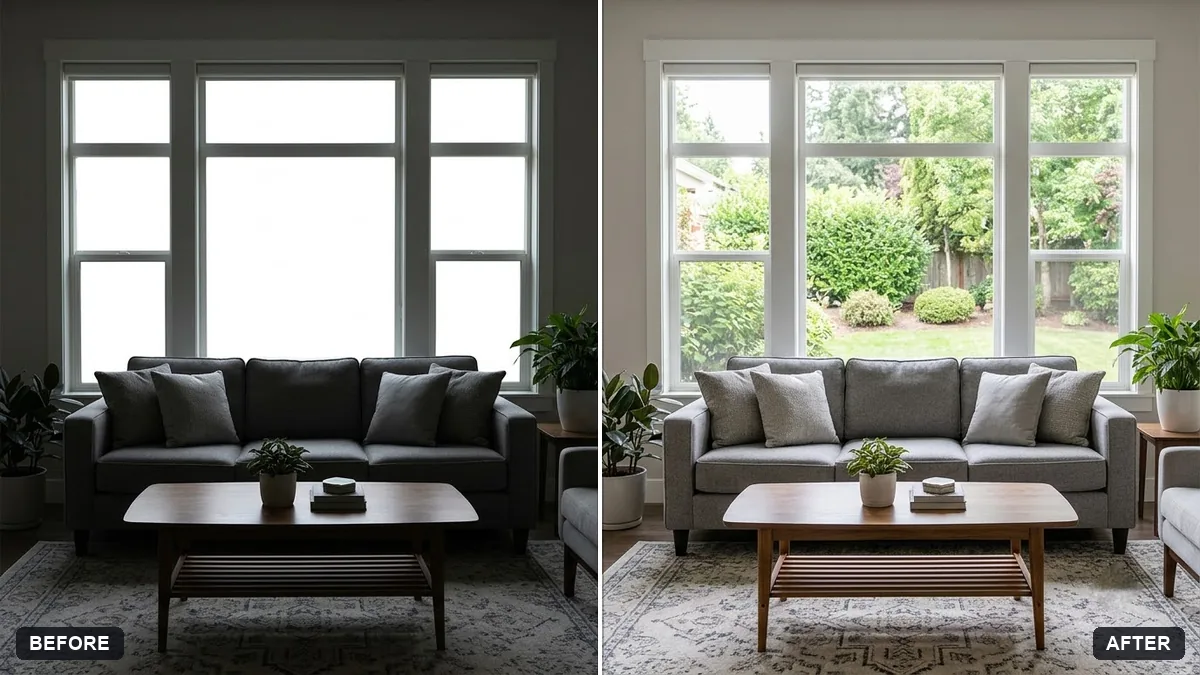 Before and after example: HDR blend for a bright window room