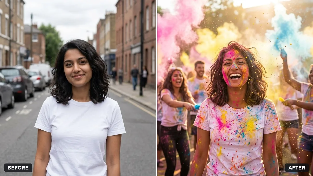 Before and after example: Holi colour festival portrait