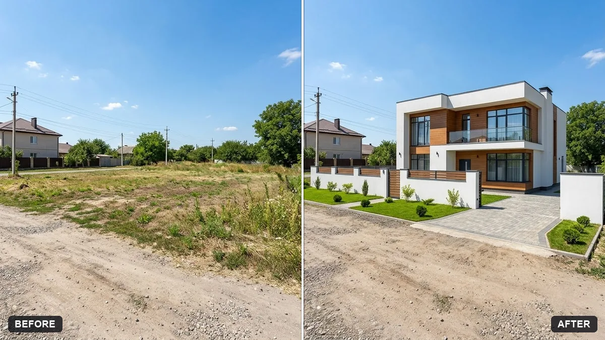 Before and after example: Preview a house on an empty plot