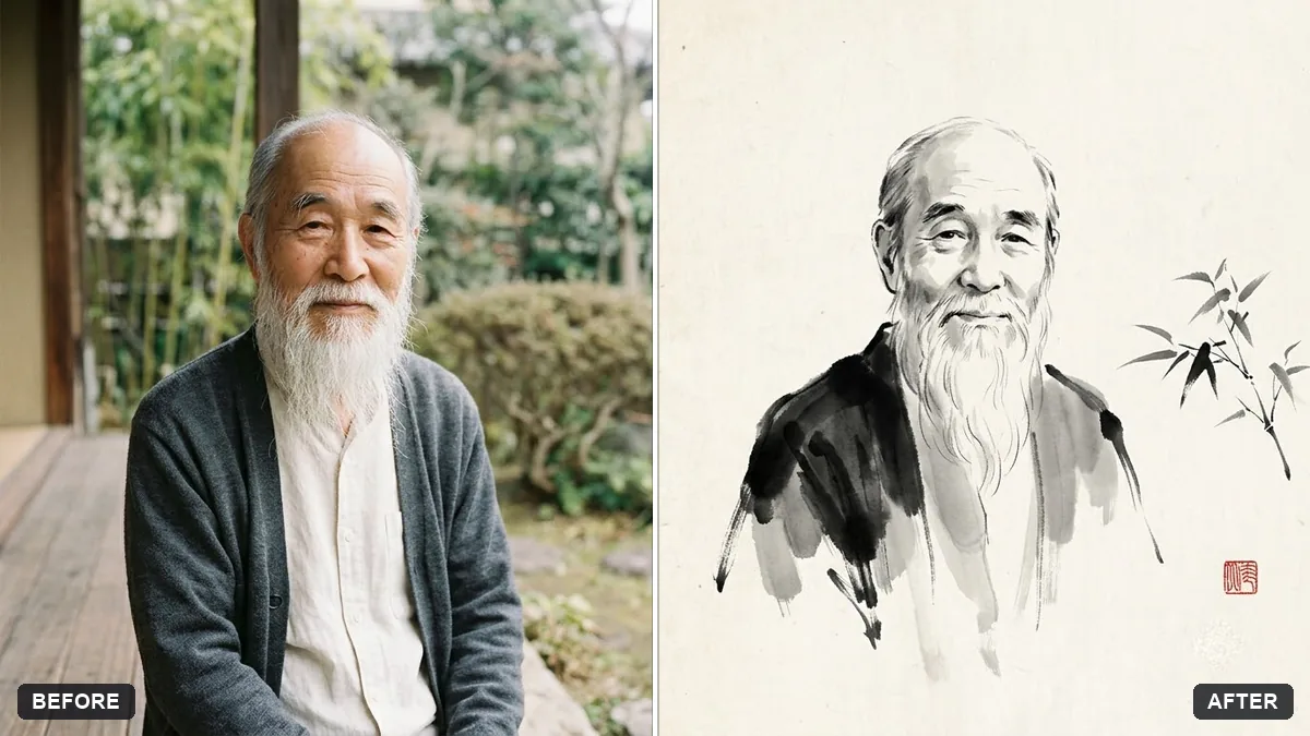 Before and after example: Ink wash painting portrait