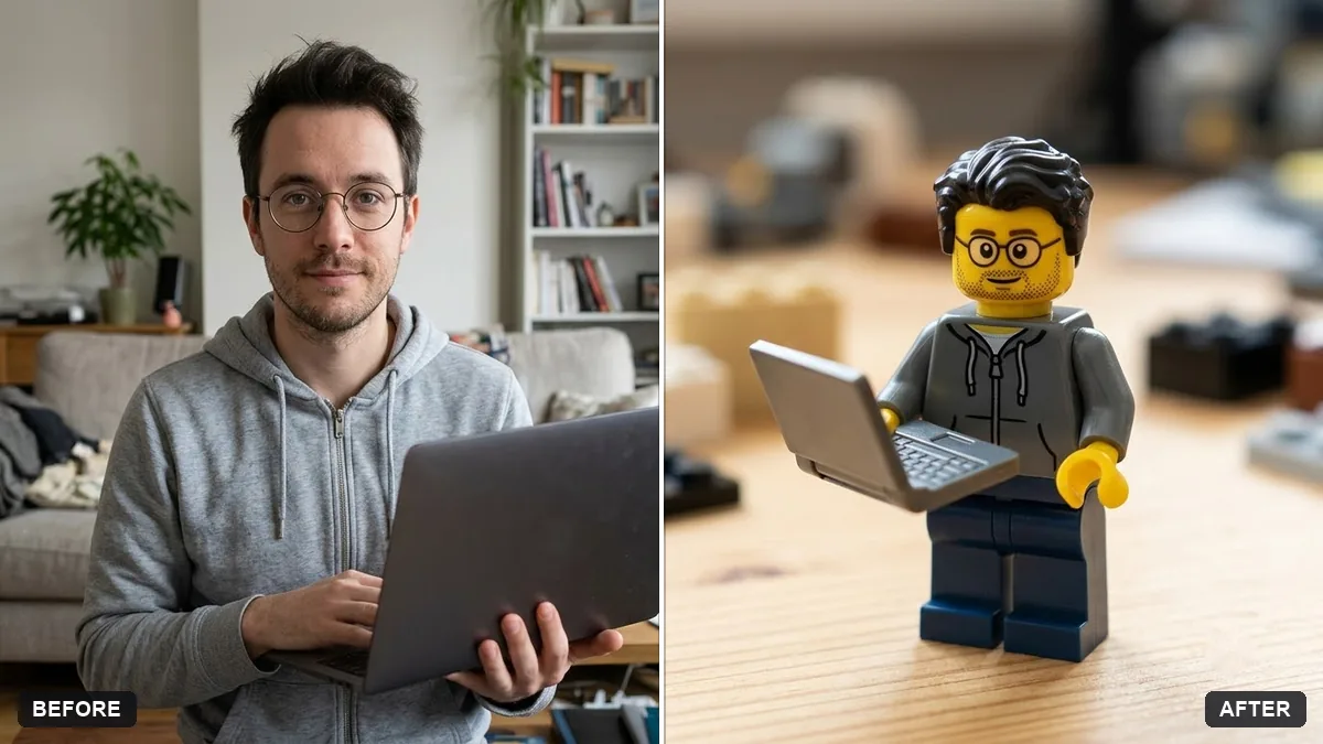 Before and after example: Turn yourself into a toy brick minifigure