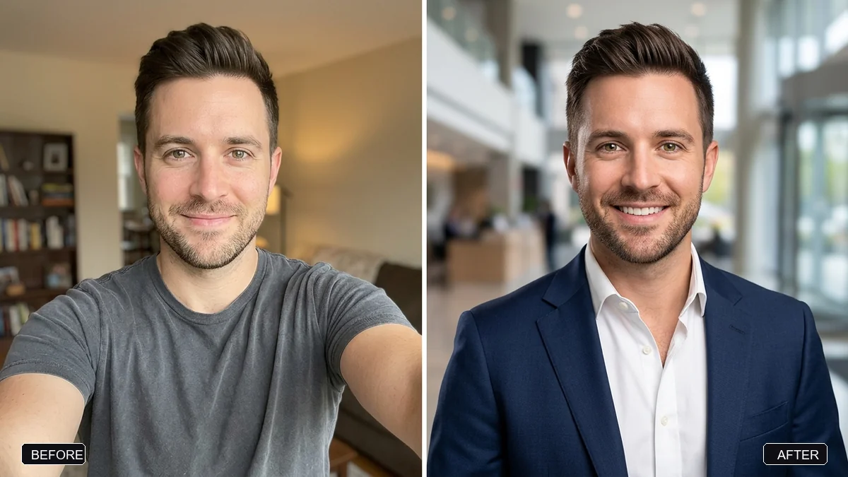 Before and after example: Pro LinkedIn headshot from a selfie