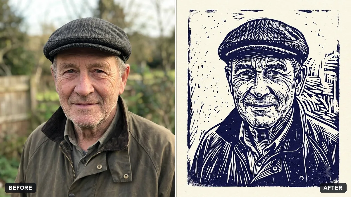 Before and after example: Linocut print portrait
