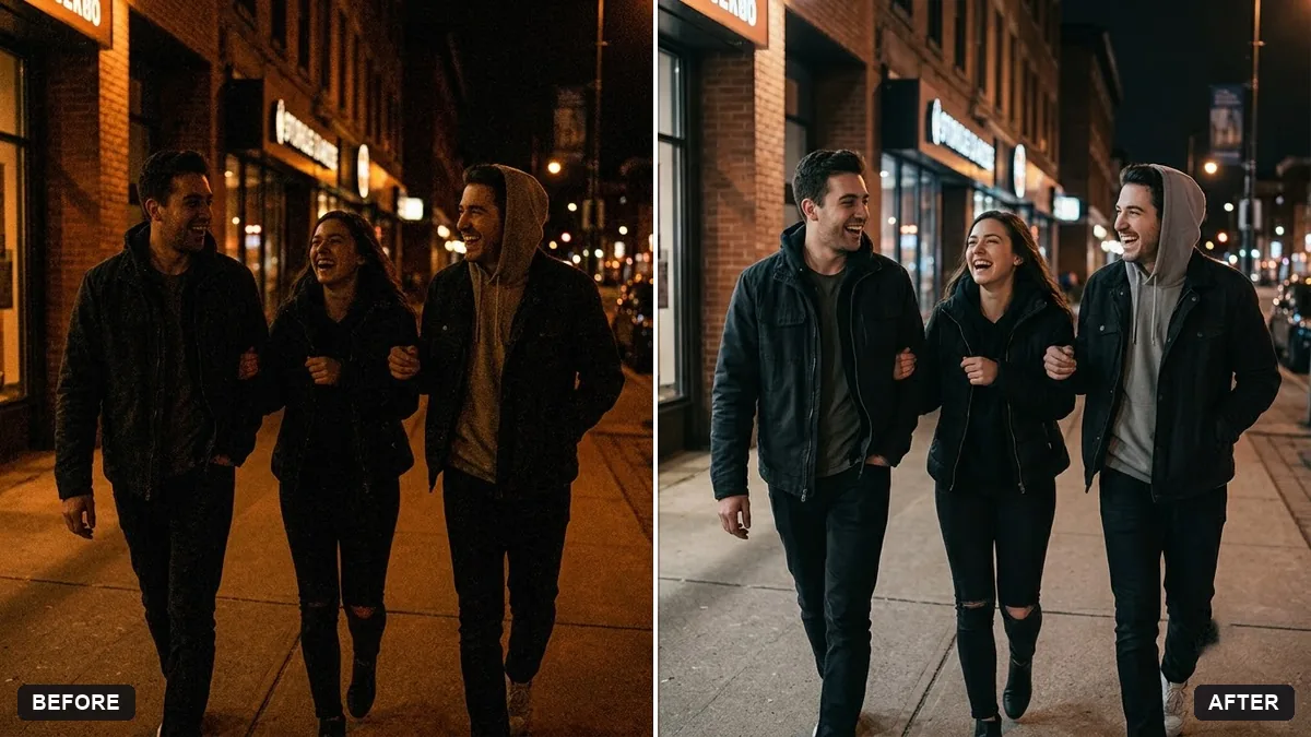Before and after example: Rescue a dark, noisy night photo