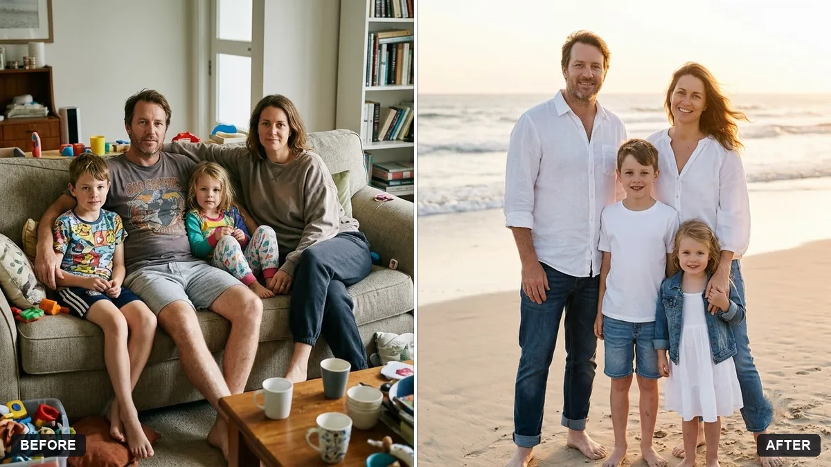 Before and after example: Family portrait in matching outfits