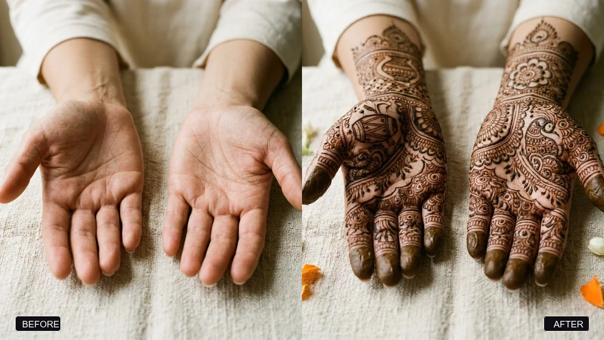Before and after example: Mehendi hands close-up