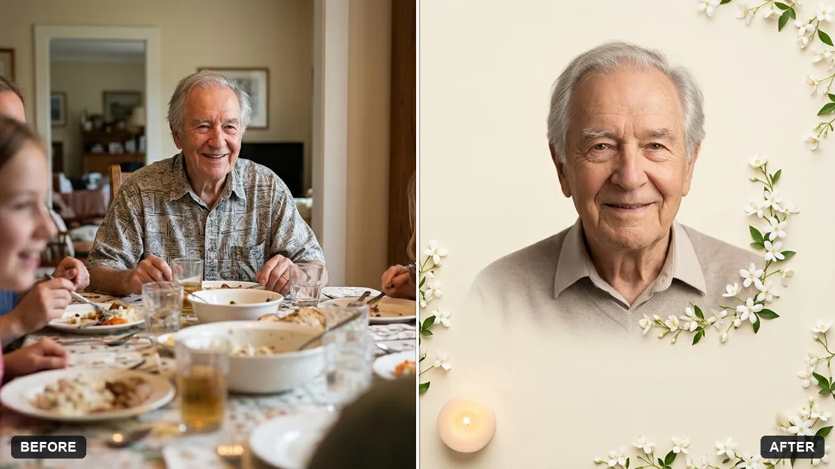 Before and after example: Gentle memorial tribute portrait