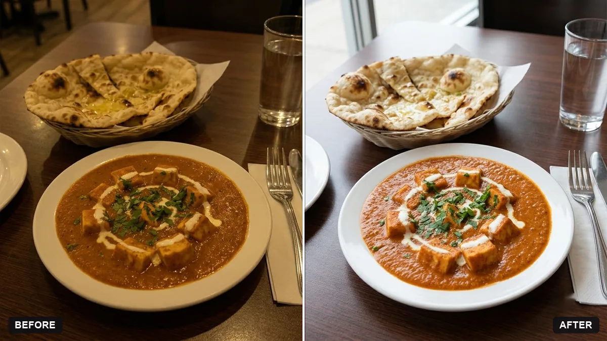 Before and after example: Brighten a dim restaurant dish photo