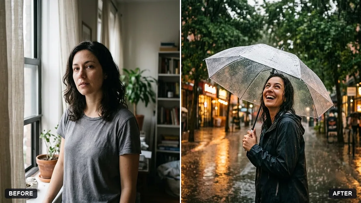 Before and after example: Monsoon umbrella portrait