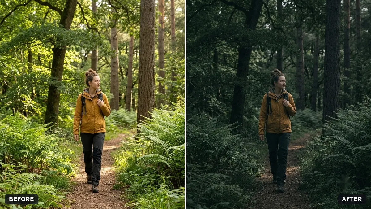 Before and after example: Moody dark photo preset
