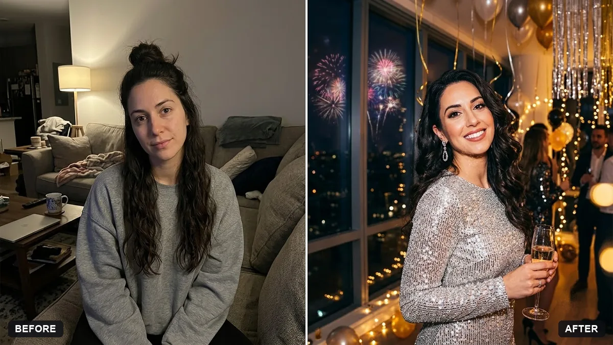Before and after example: New Year party portrait
