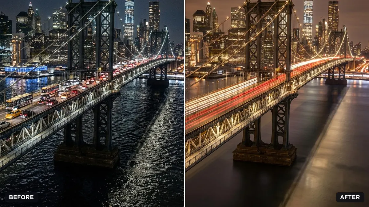 Before and after example: Long-exposure look for a night city
