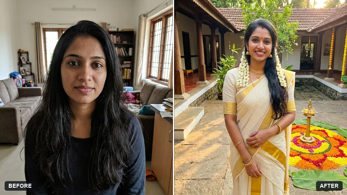 Before and after example: Onam portrait in traditional attire