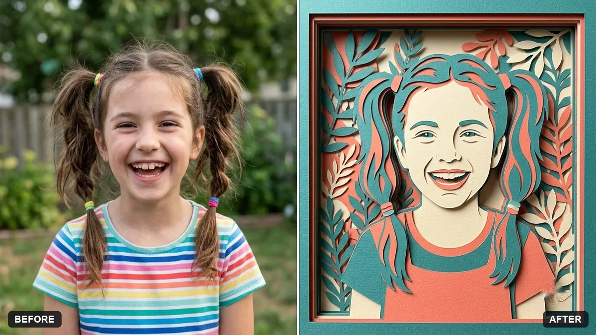 Before and after example: Layered paper craft portrait