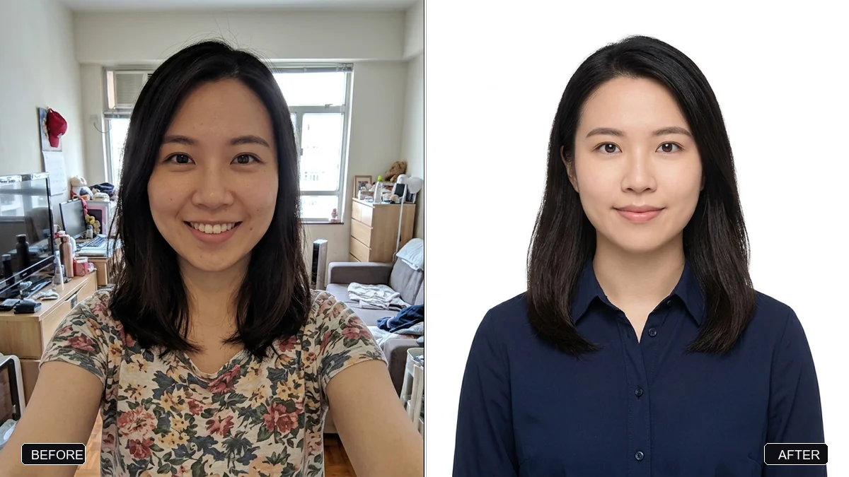 Before and after example: Passport / ID photo from a selfie