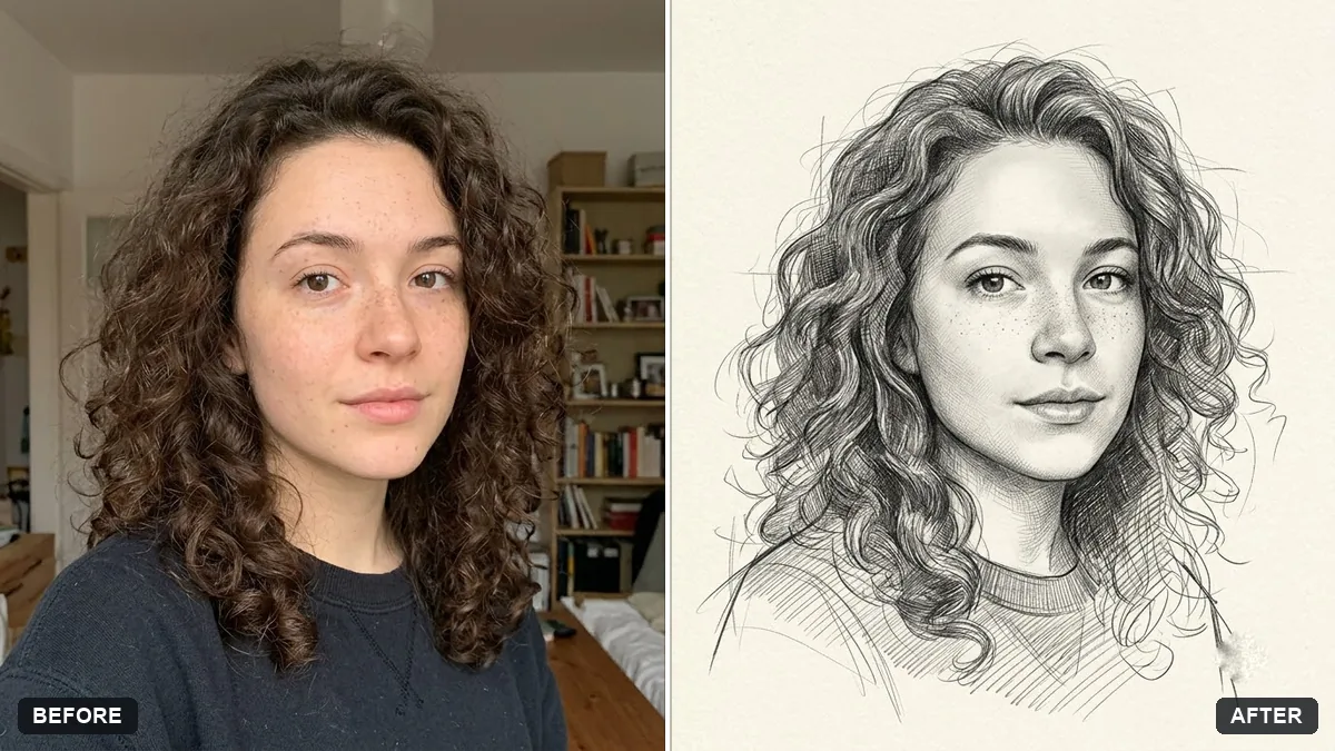 Before and after example: Hand-drawn pencil sketch of your photo