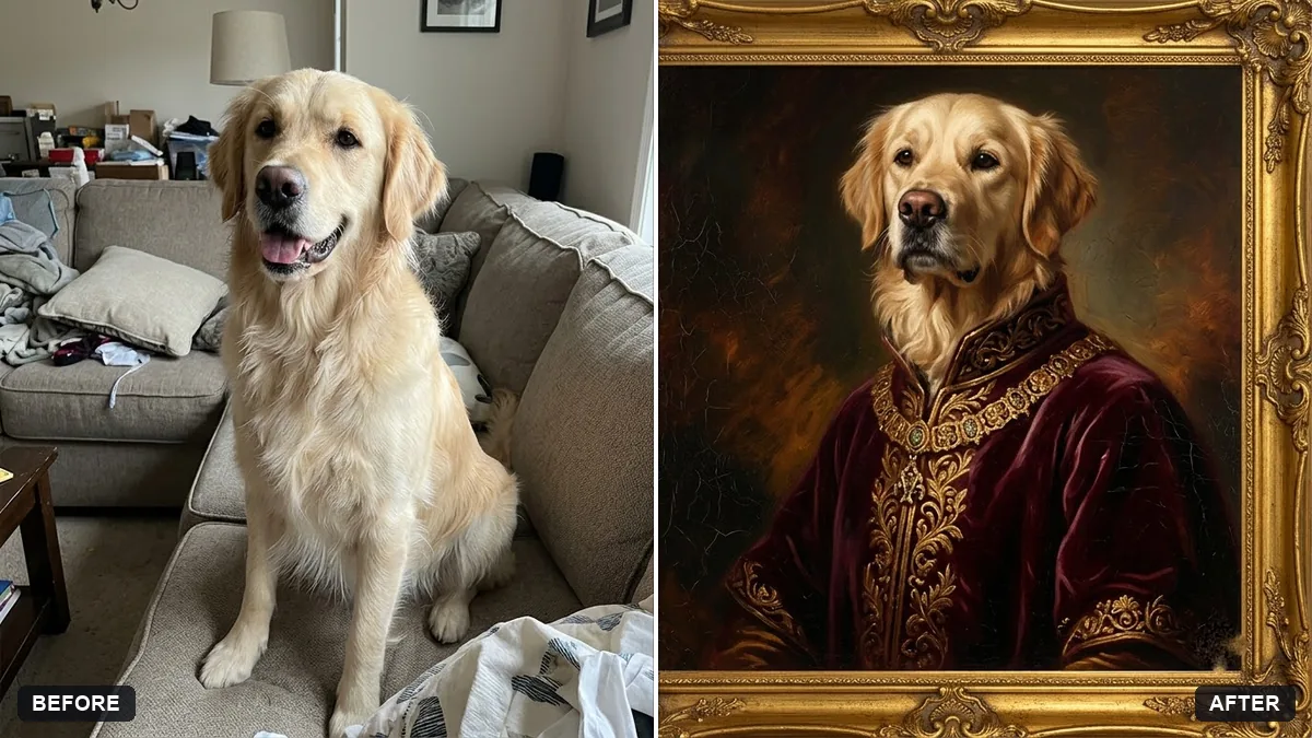 Before and after example: Royal portrait of your pet