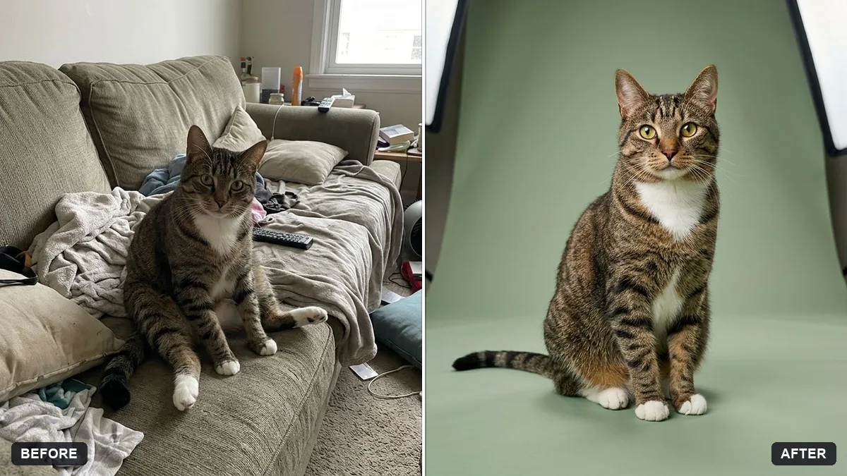 Before and after example: Pet on a studio backdrop