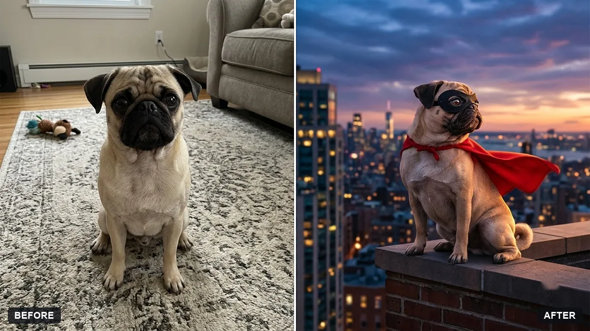 Before and after example: Superhero version of your pet